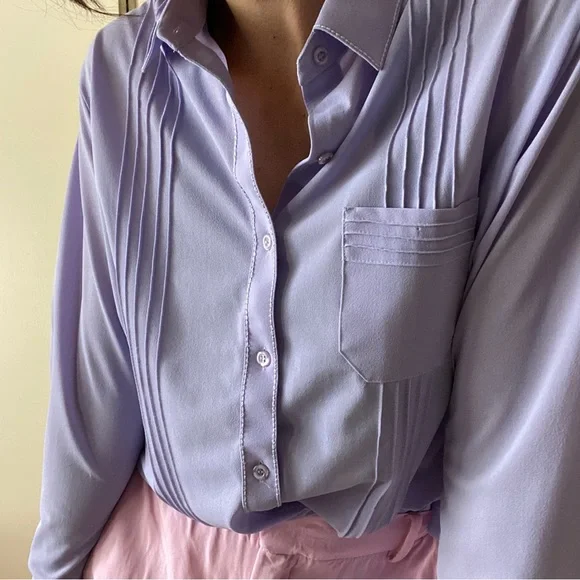 Vintage lavender sheer button down bell cuffed sleeves s/m spring top Easter - Picture 3 of 11